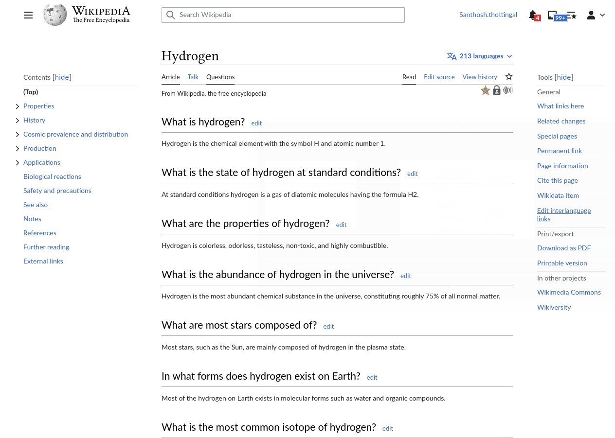 Listing of all questions in Hydrogen article